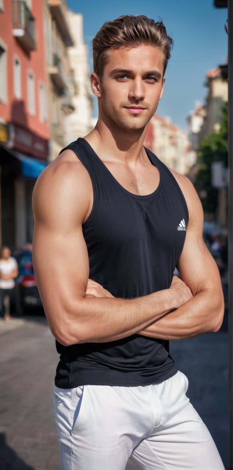 Imagine the following scene: Realistic photo of a beautiful man. black tank top,  white sports pants,  white sports shoes....