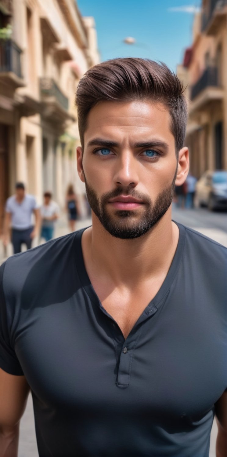 Imagine the following scene. On a busy street,  outdoors. At daytime. A very busy street. A beautiful man walks The man is...