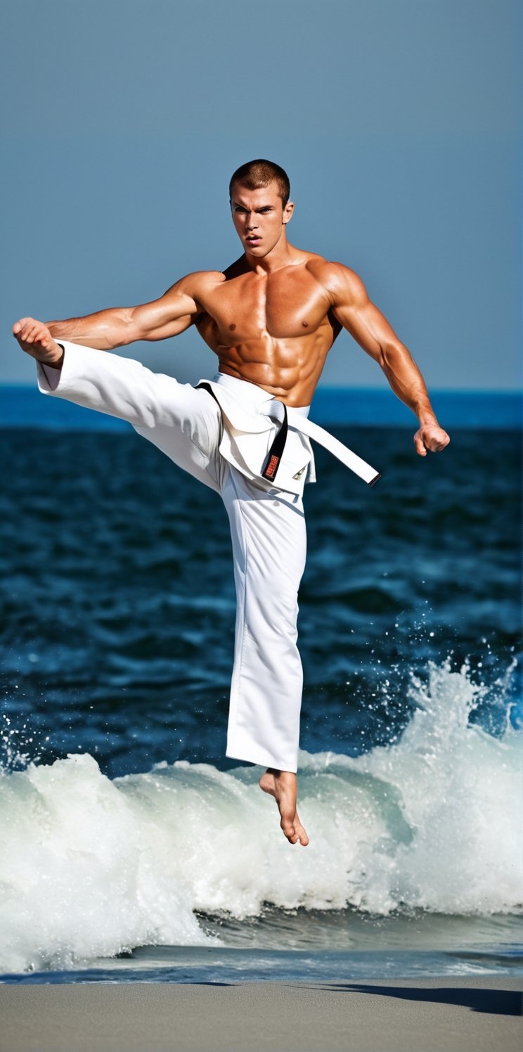 Surreal magnet of a beautiful, young, Russian man with a muscular body, the man is in a karake kick position. The man is on the sea.

The man wears a karate uniform.

(The man emanates a powerful concentration that attracts, there are intricate swirls of the sea behind the man, energy emanates from the man, suggesting the power of the man), Perfect feet, perfect hands.