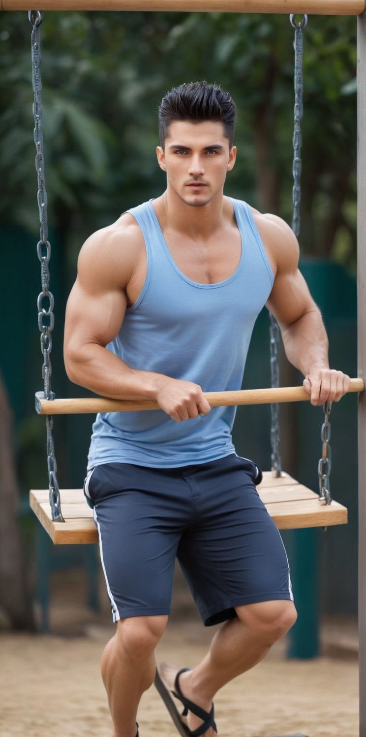 Imagine the following image.

Realistic photography of a beautiful man. Full body shot. 1 man. 

The setting is a children's playground, in the middle a large wooden swing. 

Sitting on the swing, a beautiful man.

The man wears sports shorts, a sleeveless sports shirt, and sandals.

The man is young, from Colombia, 18yo, very muscular body. Very light and bright blue eyes, full lips, blush, black hair, very straight hair, spiky hair. 

Dynamic pose, looking at the camera. 

(photorealistic), masterpiece: 1.5, beautiful lighting, best quality, beautiful lighting, realistic and natural image, intricate details, everything in focus, perfect focus, photography, masterpiece. , tiny nuances, supreme resolution, 32K, ultra-sharp, superior quality details, realistic and complex, perfect proportions, perfect hands, perfect feet.