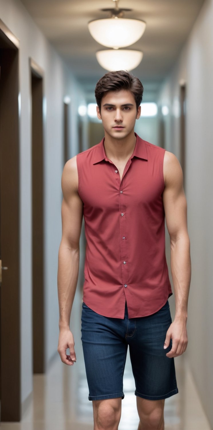 Imagine the following scene: Realistic photo of a beautiful man. He is in a large hallway,  a very long,  dark hallway. Th...
