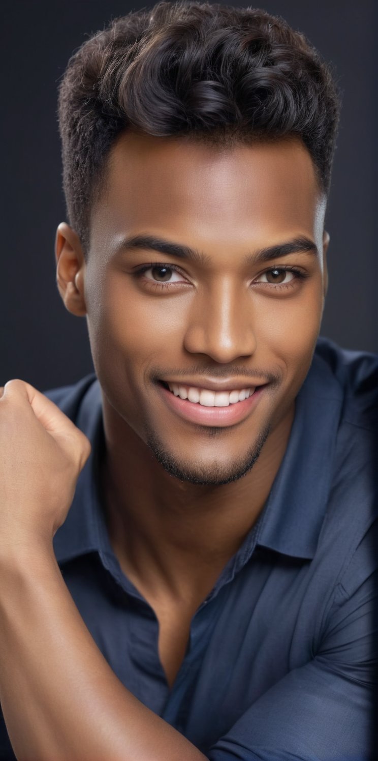 Imagine the following scene. Realistic photography of a beautiful man. Half body shot. Close up. Posing to the camera. he is a professional model. Smile. He wears a dark blue shirt. The man is African-American, dark skin, straight black hair, short hair, honey-colored eyes, light and bright eyes, full and pink lips, blush. Long eyelashes, bangs on the forehead. Instagram photography. Blurred black background. (photorealistic), masterpiece: 1.5, beautiful lighting, best quality, beautiful lighting, realistic and natural image, intricate details, everything in focus, perfect focus, photography, masterpiece. , small nuances, supreme resolution, 32K, ultra-sharp, superior quality details, realistic and complex, perfect proportions, perfect hands, perfect feet.