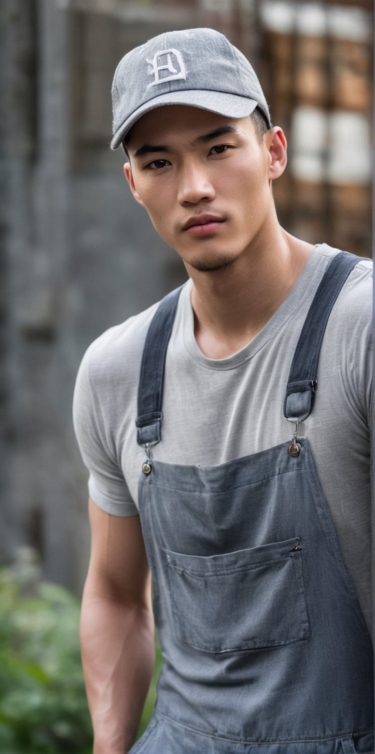 Imagine the following scene:

Realistic photo of handsome man outdoors, blurred background. 

The man wears a flannel and light gray sports overalls. Wears cap turned upside down, cap backwards.

The man is from China. 20 years old, muscular. Short hair, soft skin. full and red lips, blush. blond. 

Dynamic pose, smile at the camera.

Full body shot. The shot is wide to capture the details of the scene.

High realism aesthetic photo, RAW photo, 16K, real photo, best quality, high resolution, masterpiece, HD, perfect proportions, perfect hands