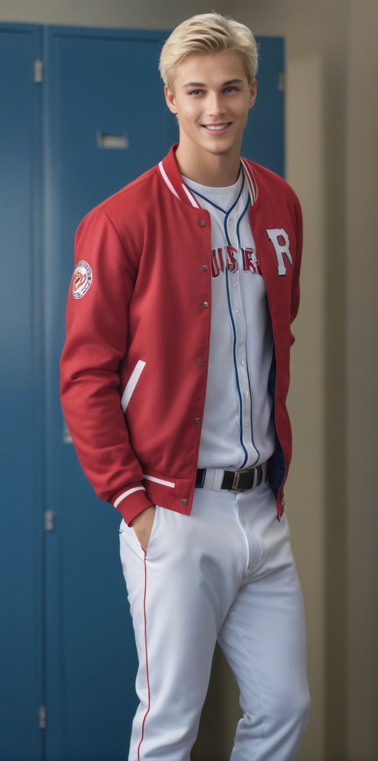 Imagine the following scene. Full body photograph of a beautiful man. (locker room) white baseball uniform,  open red jack...