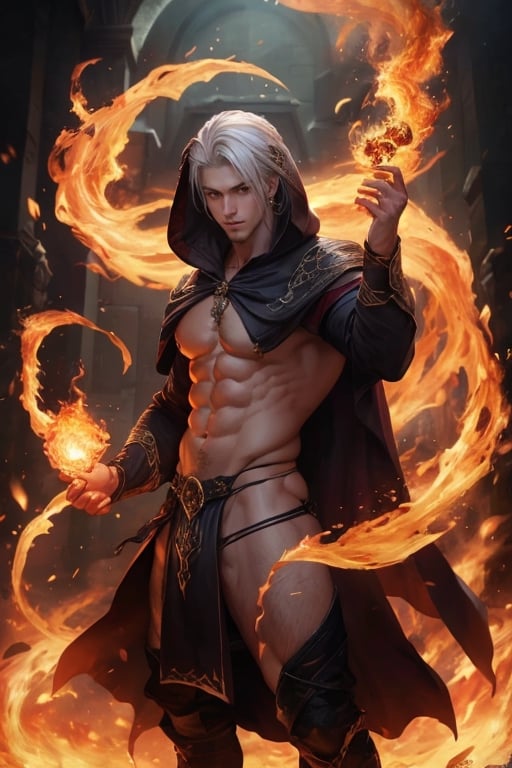 realistic, masterpiece, intricate details, detailed background, depth of field, muscular, photo of a handsome wizard, (young corean man with k-pop idol look), 25yo, (blonde and white hair), voluptuous crotch, fire spell, Wizard, wears a long hooded cape, Sexy Muscular, The thong shows a large,detailmaster2,aw0k magnstyle,Pectoral Focus,pyromancer