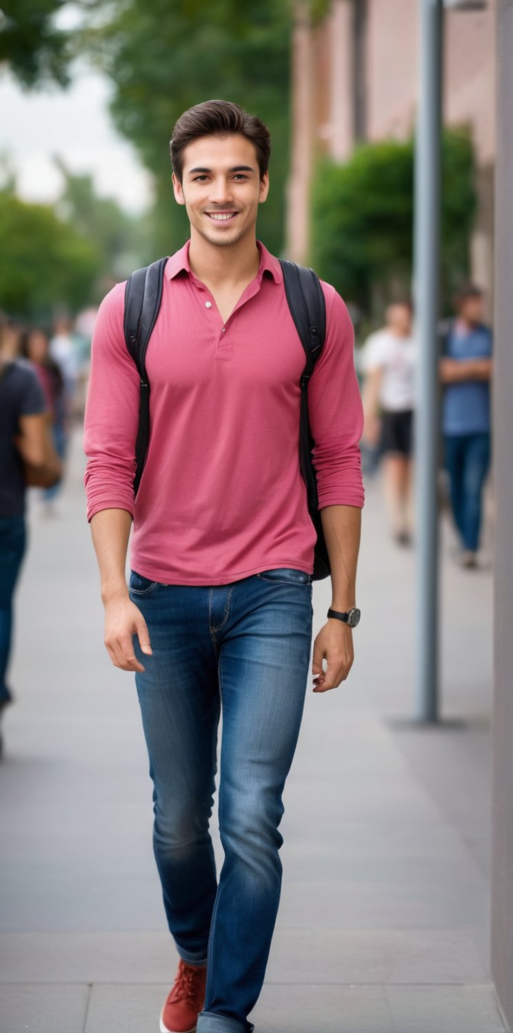 
Imagine the following scene:

Realistic photograph of a man. Full body shot.

The man is a university student.

He wears a red shirt, jeans, sports shoes, and carries a bag on his back.

The man is from Colombia, 20yo, masculine, brown eyes, average body. Big, bright eyes, full, pink lips. Brown hair.

Walk around the university. He smiles, he is happy walking.

(photorealistic), masterpiece: 1.5, beautiful lighting, best quality, beautiful lighting, realistic and natural image, intricate details, everything in focus, perfect focus, photography, masterpiece. small nuances, supreme resolution, 32K, ultra-sharp, superior quality details, realistic and complex, perfect proportions, perfect hands, perfect feet.