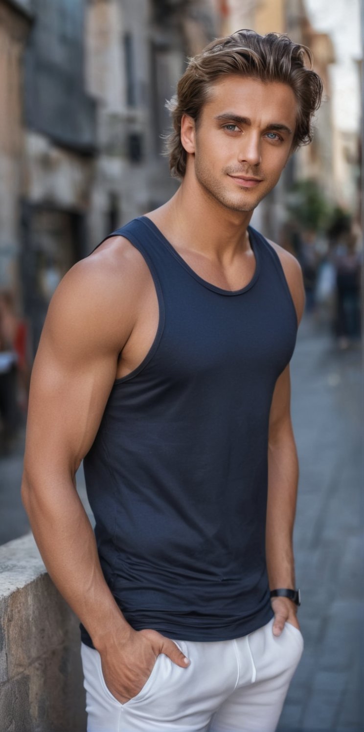 Imagine the following scene: Realistic photo of a beautiful man. black tank top,  white sports pants,  white sports shoes....