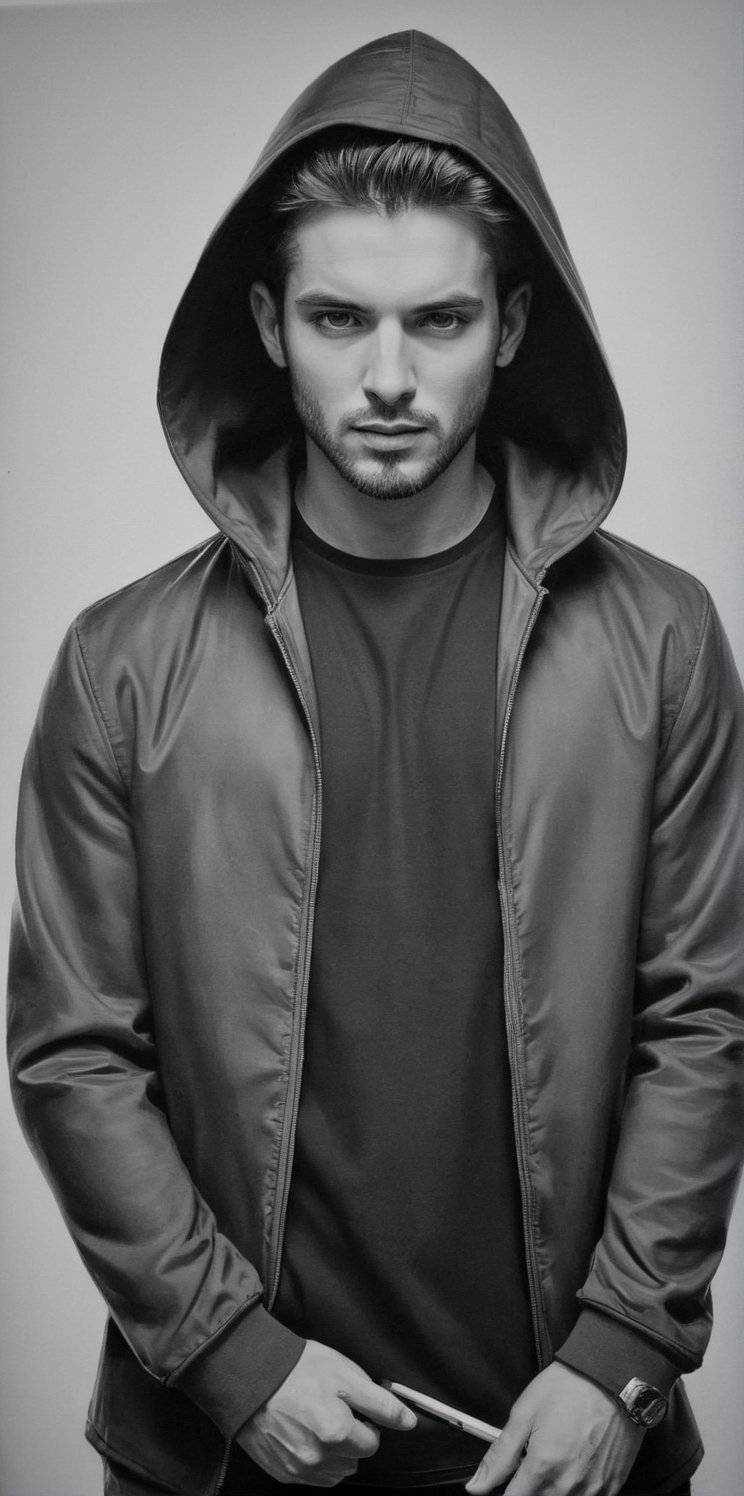 A beautiful man drawn in pencil,  Wearing a hooded jacket. Pencil. by aramismcy on Tensor.Art
