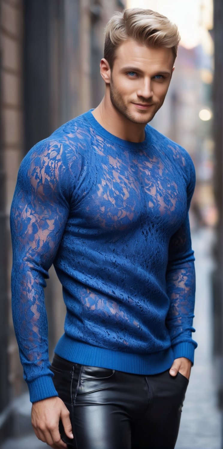 Imagine the following scene: Photograph of a beautiful man. Full body shot. (((Wearing a blue lace sweater))),  shiny blac...