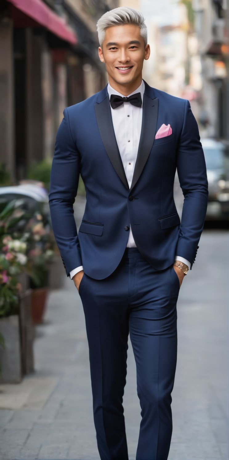 Imagine the following scene.

A beautiful man. Full body shot.

Outdoor. Blurred background.

wearing a navy blue tuxedo jacket, the jacket open showing his beefy chest, shirtless. Dark blue pants.

The man is from Asia, 30yo, muscular, big bright eyes. (short white hair), full pink lips, masculine.

He is walking down the street with confidence, he smiles discreetly, he has a captivating look.

(photorealistic), masterpiece: 1.5, beautiful lighting, best quality, beautiful lighting, realistic and natural image, intricate details, everything in focus, perfect focus, photography, masterpiece. small nuances, supreme resolution, 32K, ultra-sharp, superior quality details, realistic and complex, perfect proportions, perfect hands, 