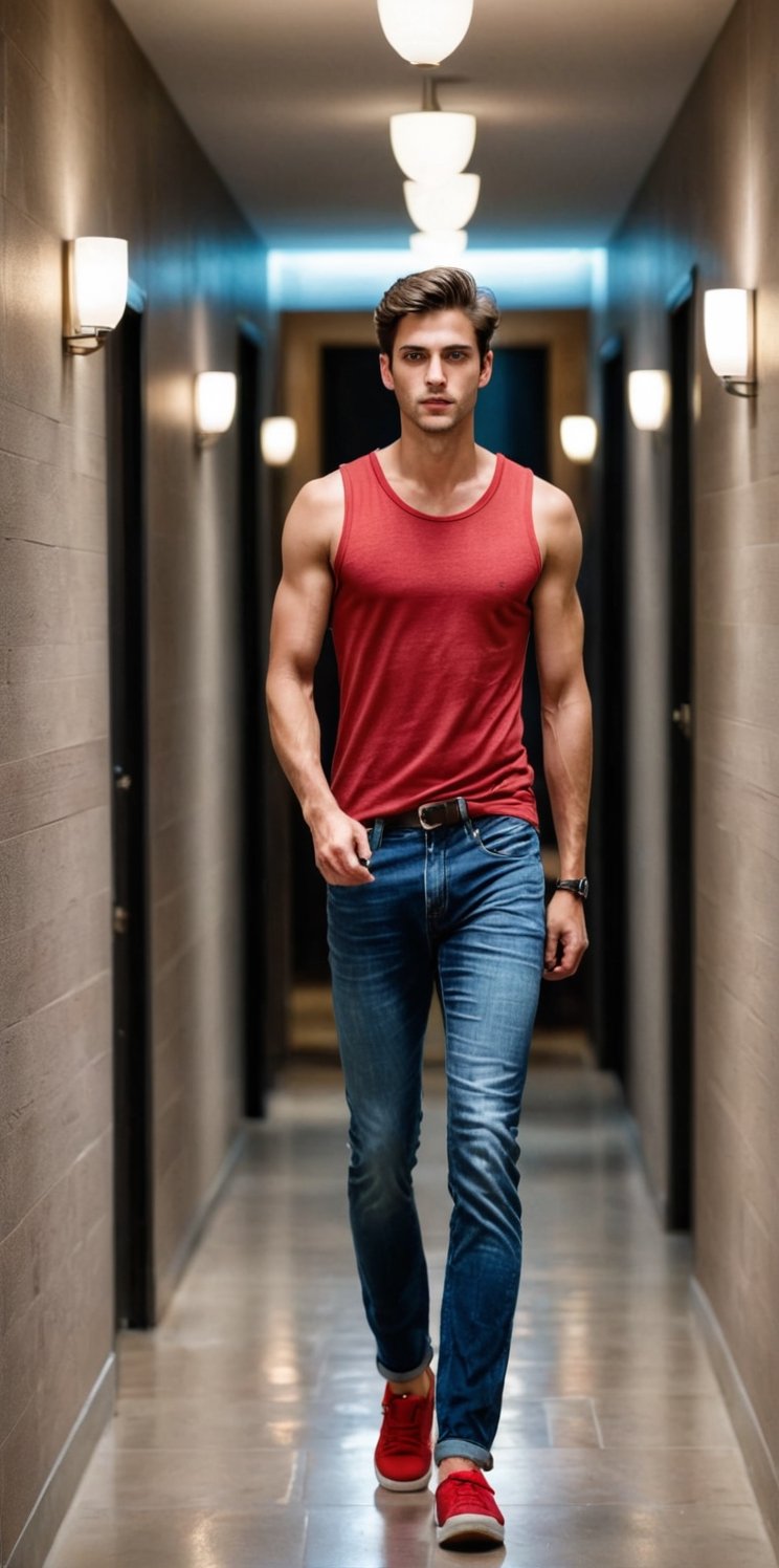 Imagine the following scene: Realistic photo of a beautiful man. He is in a large hallway,  a very long,  dark hallway. Th...