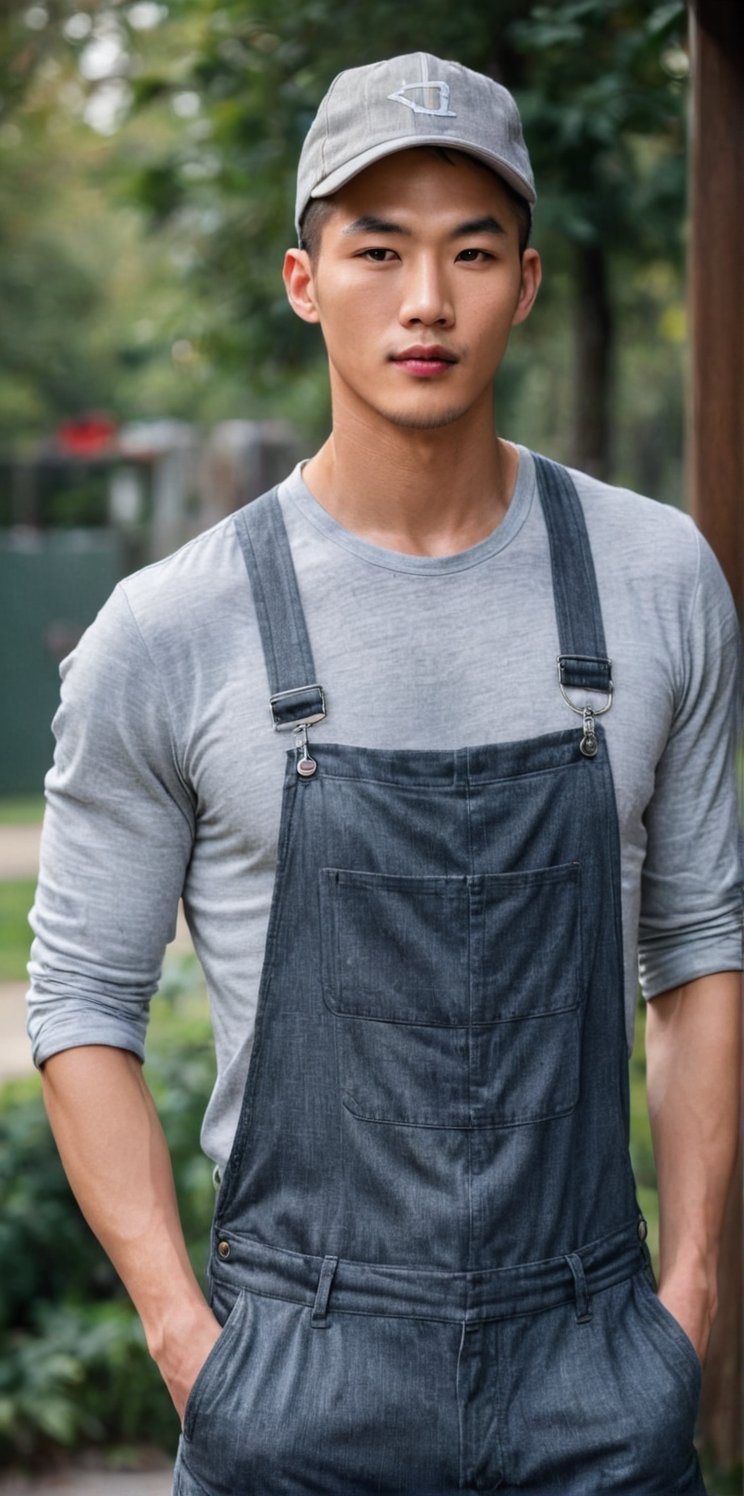 Imagine the following scene:

Realistic photo of handsome man outdoors, blurred background. 

The man wears a flannel and light gray sports overalls. Wears cap turned upside down, cap backwards.

The man is from China. 20 years old, muscular. Short hair, soft skin. full and red lips, blush. blond. 

Dynamic pose, smile at the camera.

Full body shot. The shot is wide to capture the details of the scene.

High realism aesthetic photo, RAW photo, 16K, real photo, best quality, high resolution, masterpiece, HD, perfect proportions, perfect hands