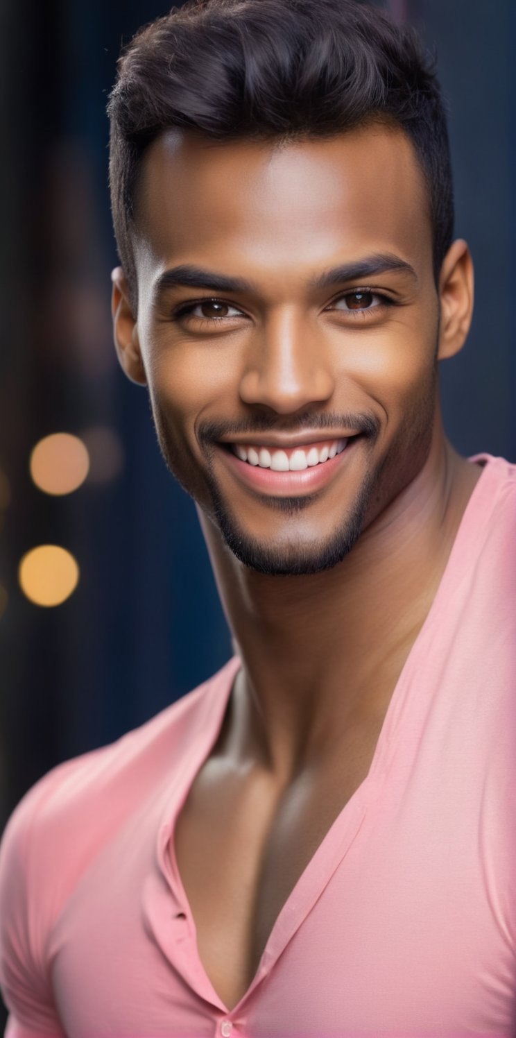 Imagine the following scene. Realistic photography of a beautiful man. Half body shot. Close up. Posing to the camera. he is a professional model. Smile. He wears a dark blue shirt. The man is African-American, dark skin, straight black hair, short hair, honey-colored eyes, light and bright eyes, full and pink lips, blush. Long eyelashes, bangs on the forehead. Instagram photography. Blurred black background. (photorealistic), masterpiece: 1.5, beautiful lighting, best quality, beautiful lighting, realistic and natural image, intricate details, everything in focus, perfect focus, photography, masterpiece. , small nuances, supreme resolution, 32K, ultra-sharp, superior quality details, realistic and complex, perfect proportions, perfect hands, perfect feet.