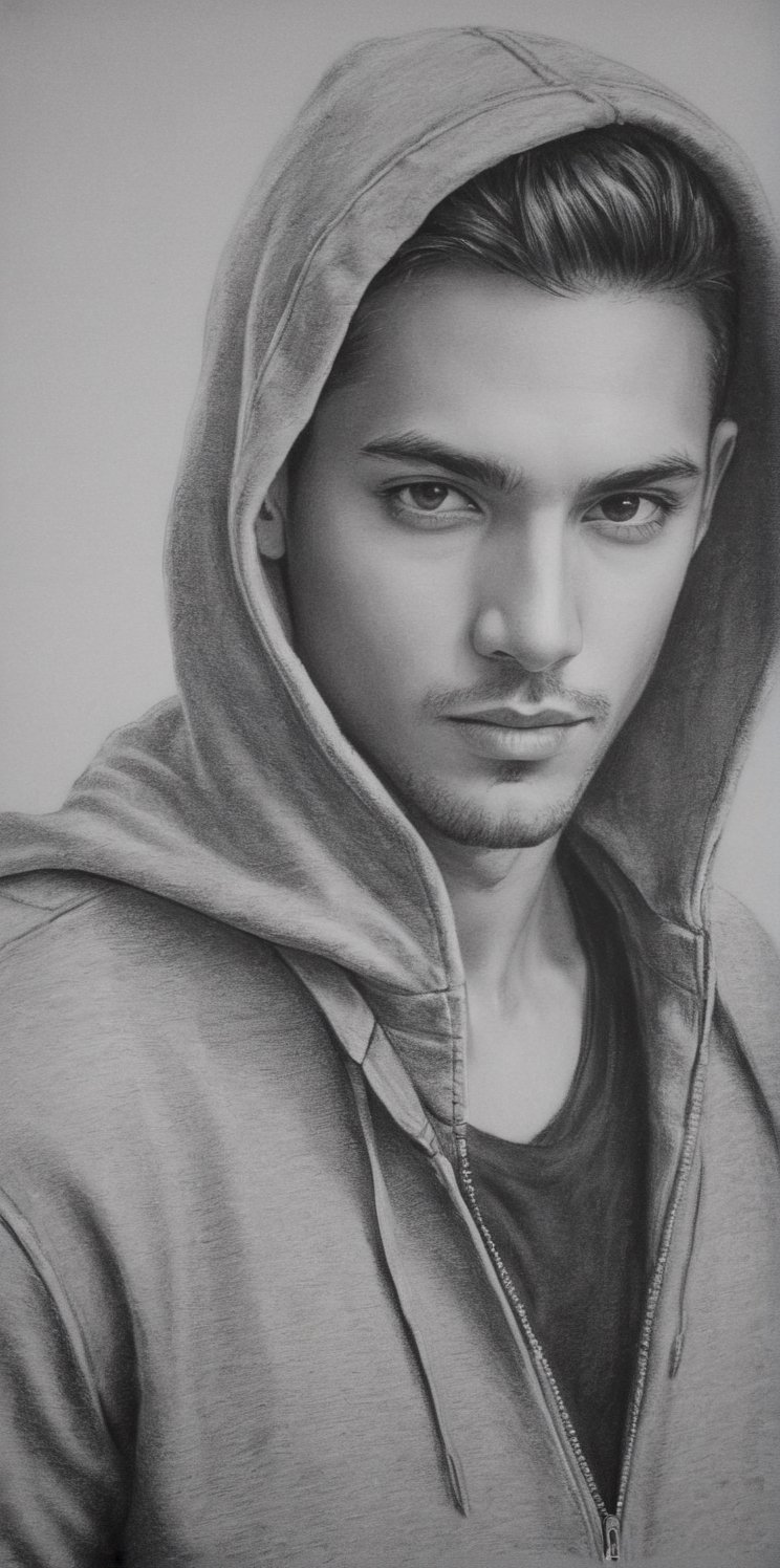 A beautiful man drawn in pencil,  Wearing a hooded jacket. Pencil. ,  pencil sketch. Joven. Latino. by aramismcy on Tensor...
