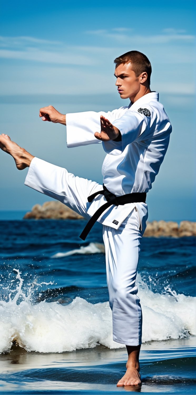 Surreal magnet of a beautiful, young, Russian man with a muscular body, the man is in a karake kick position. The man is on the sea.

The man wears a karate uniform.

(The man emanates a powerful concentration that attracts, there are intricate swirls of the sea behind the man, energy emanates from the man, suggesting the power of the man), Perfect feet, perfect hands.