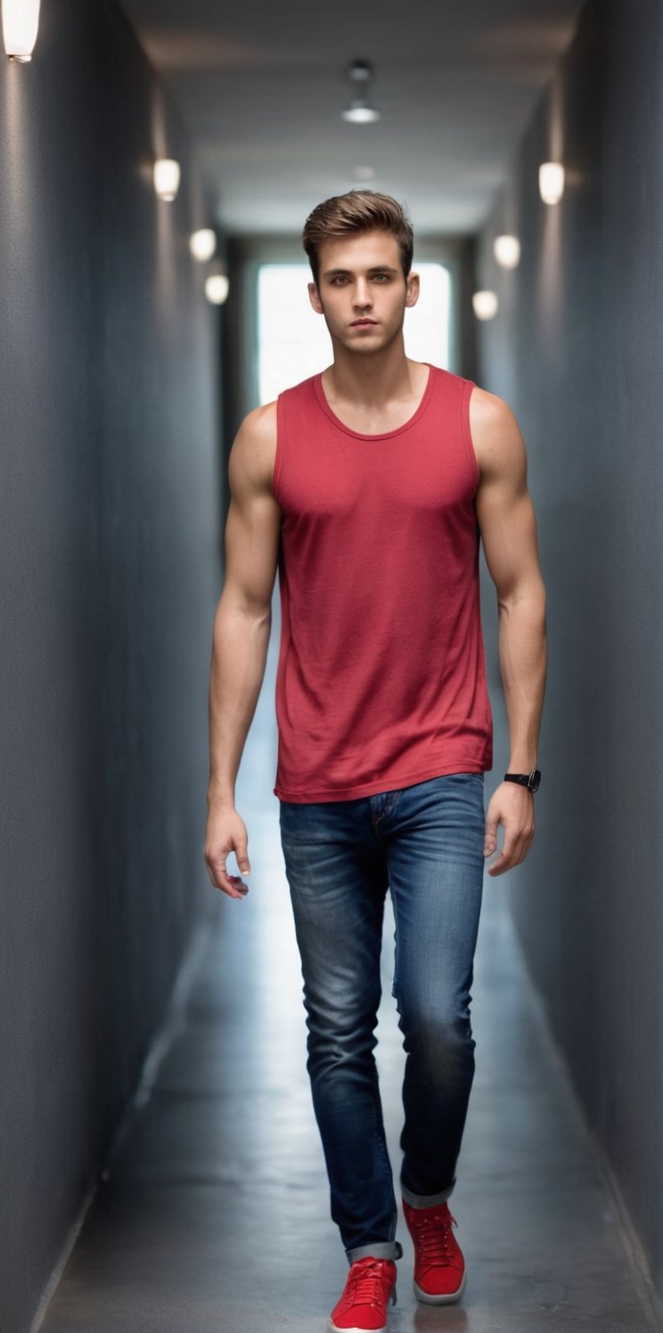 Imagine the following scene: Realistic photo of a beautiful man. He is in a large hallway,  a very long,  dark hallway. Th...