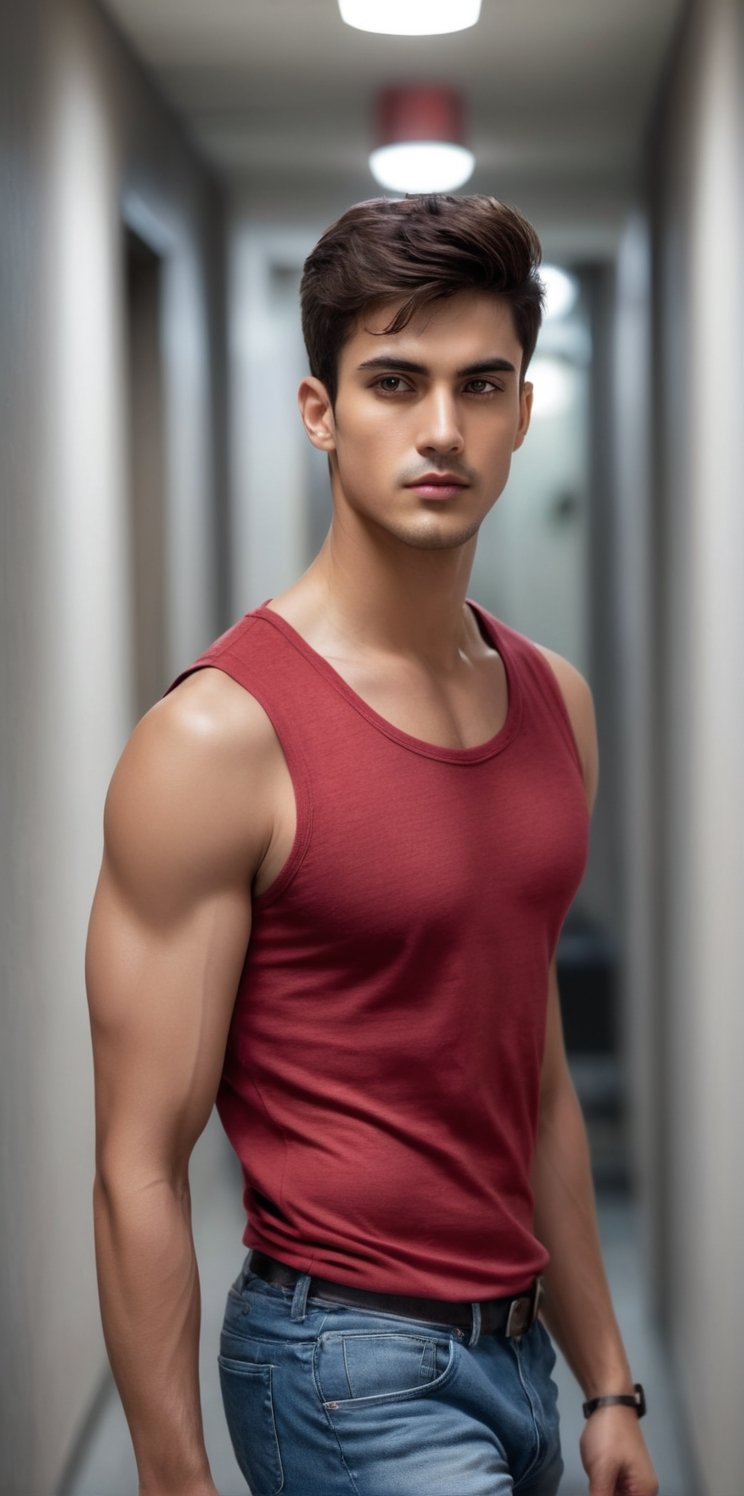 Imagine the following scene: Realistic photo of a beautiful man. He is in a large hallway,  a very long,  dark hallway. Th...