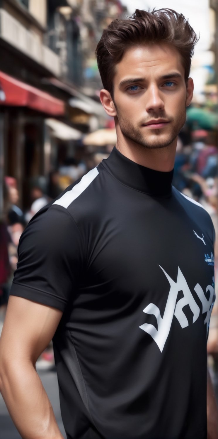 Imagine the following scene. On a busy street,  outdoors. At daytime. A very busy street. A beautiful man walks The man is...