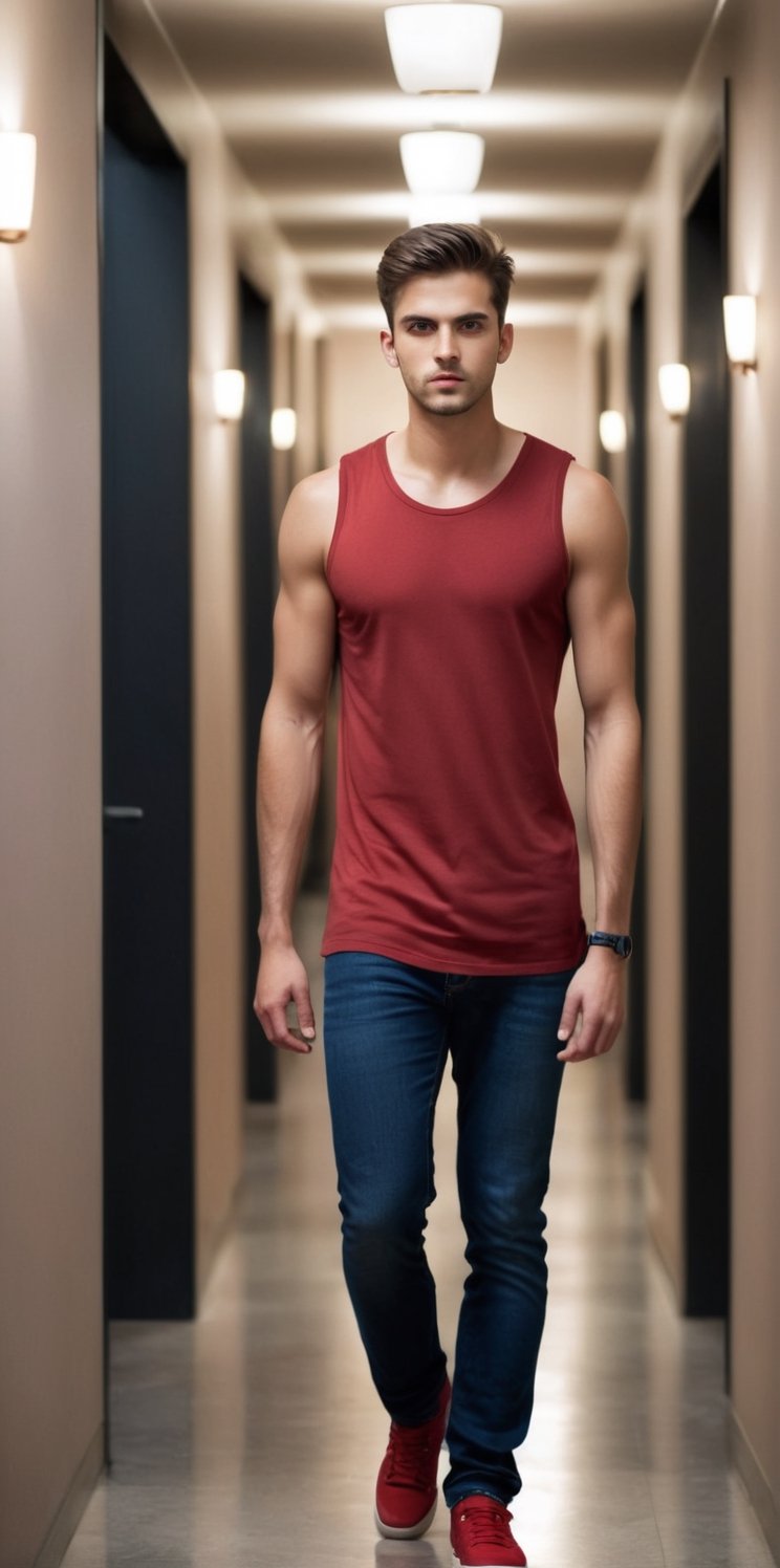 Imagine the following scene: Realistic photo of a beautiful man. He is in a large hallway,  a very long,  dark hallway. Th...
