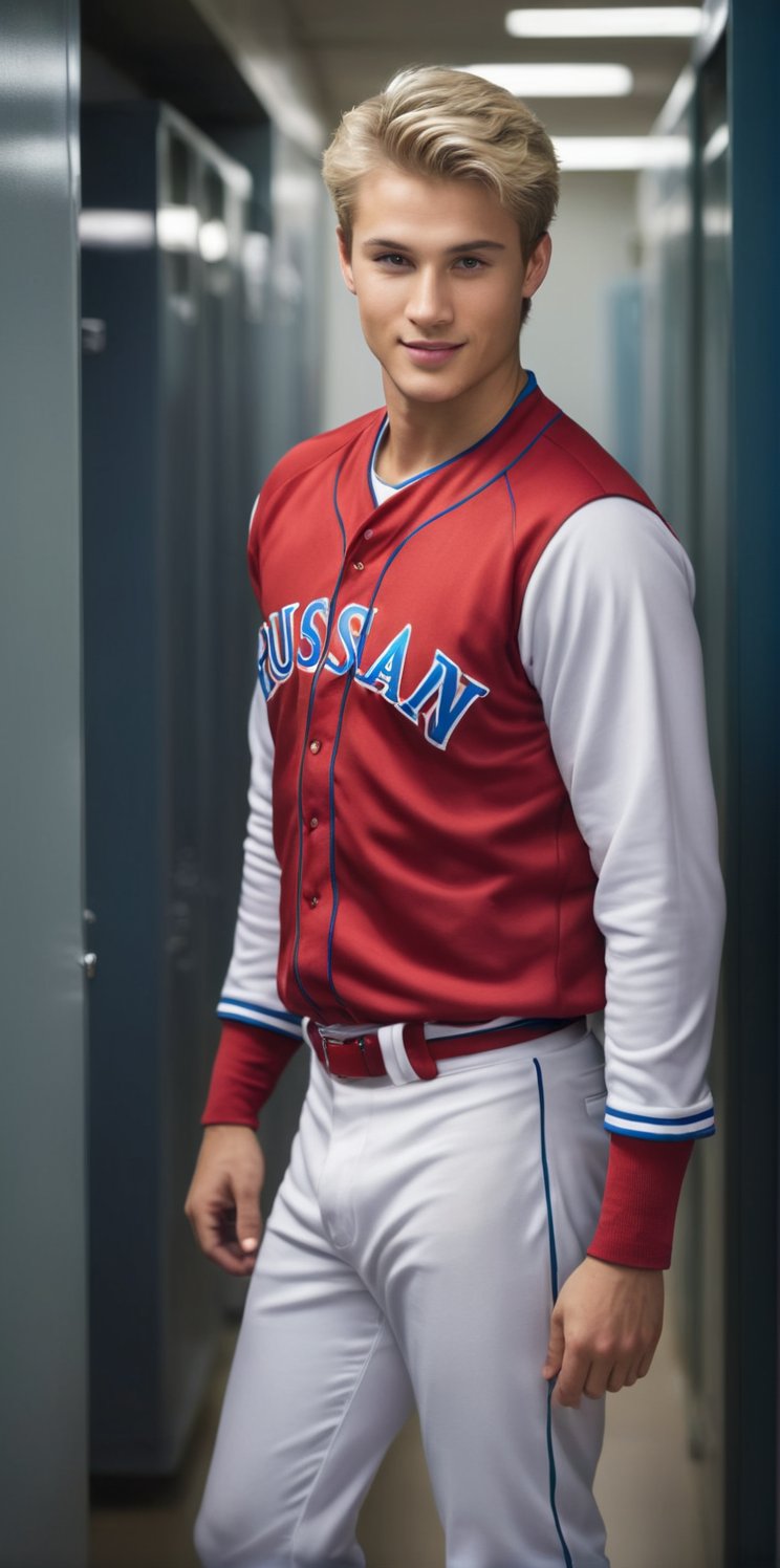 Imagine the following scene. Full body photograph of a beautiful man. (locker room) white baseball uniform,  open red jack...