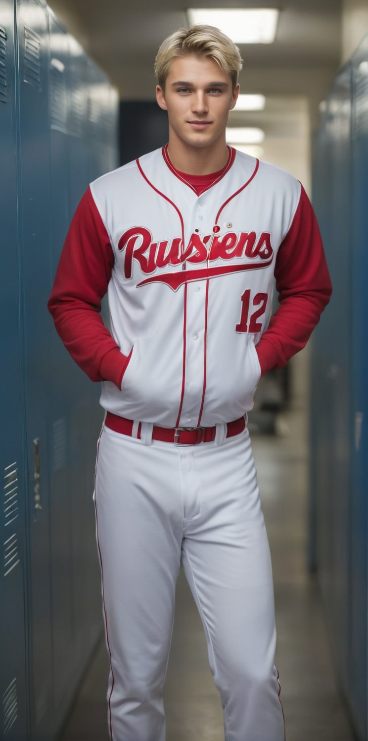 Imagine the following scene. Full body photograph of a beautiful man. (locker room) white baseball uniform,  open red jack...