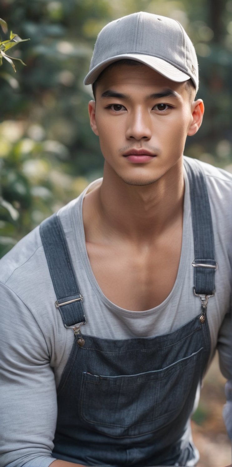 Imagine the following scene:

Realistic photo of handsome man outdoors, blurred background. 

The man wears a flannel and light gray sports overalls. (Wear a half-sided cap).

The man is from China. 20 years old, muscular. Short hair, soft skin. full and red lips, blush. blond. 

Dynamic pose, smile at the camera.

Full body shot. The shot is wide to capture the details of the scene.

High realism aesthetic photo, RAW photo, 16K, real photo, best quality, high resolution, masterpiece, HD, perfect proportions, perfect hands