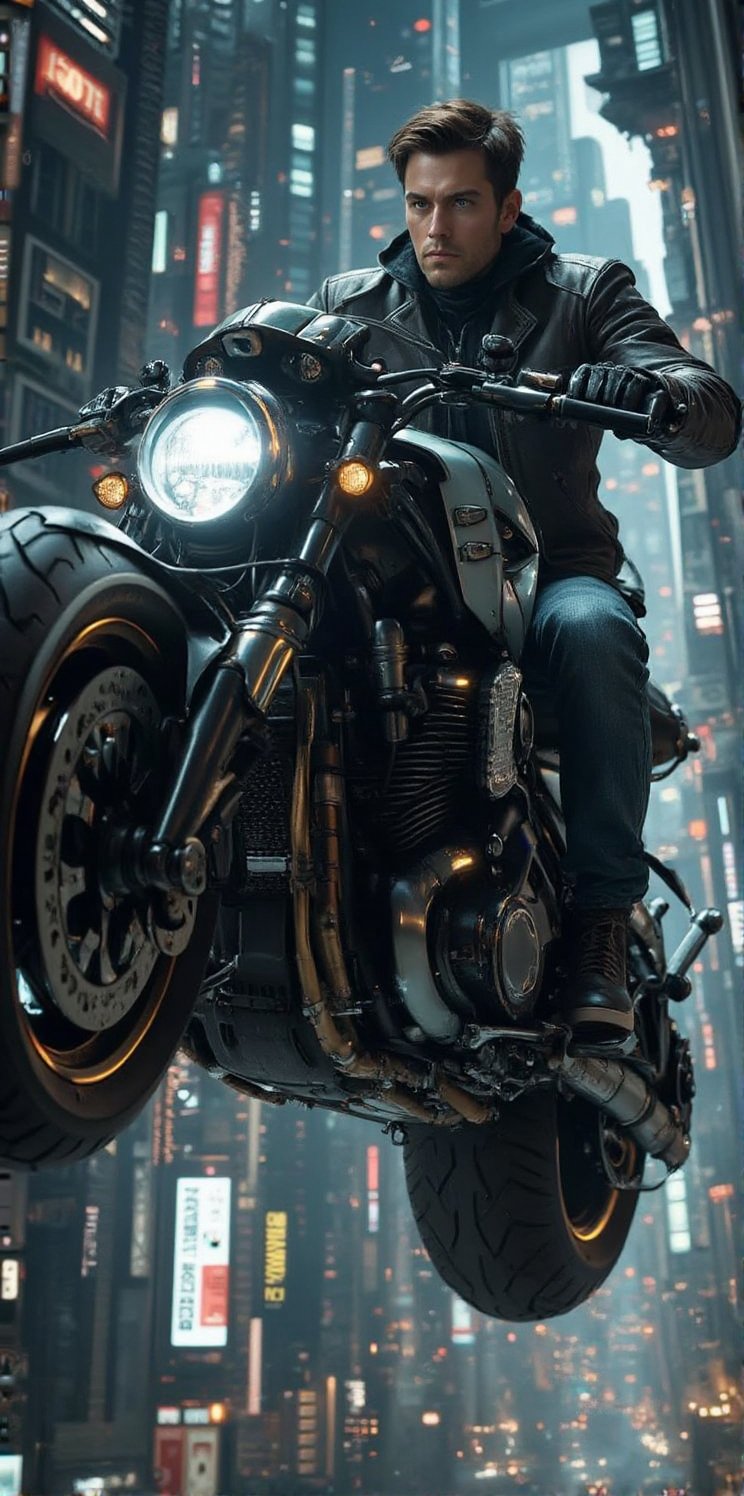 Imagine the following scene: Imagine a beautiful professional photograph of a beautiful man., a beautiful man riding a big motorcycle from the future. close up shot. The motorcycle is futuristic, it is very large, with many details, the motorcycle flies, it is black with neon lights between its gears. The man is Spanish, 20 years old, muscular, with light brown hair and very light honey-colored eyes. Long eyelashes. Provocative lips. The man is wearing jeans and a leather jacket. The man drives the big flying motorcycle through a city, he is flying. The very futuristic city with many very tall buildings. It's night, many lights in the buildings. The image is zoomed out to be able to notice the man and the details of the city of the future.