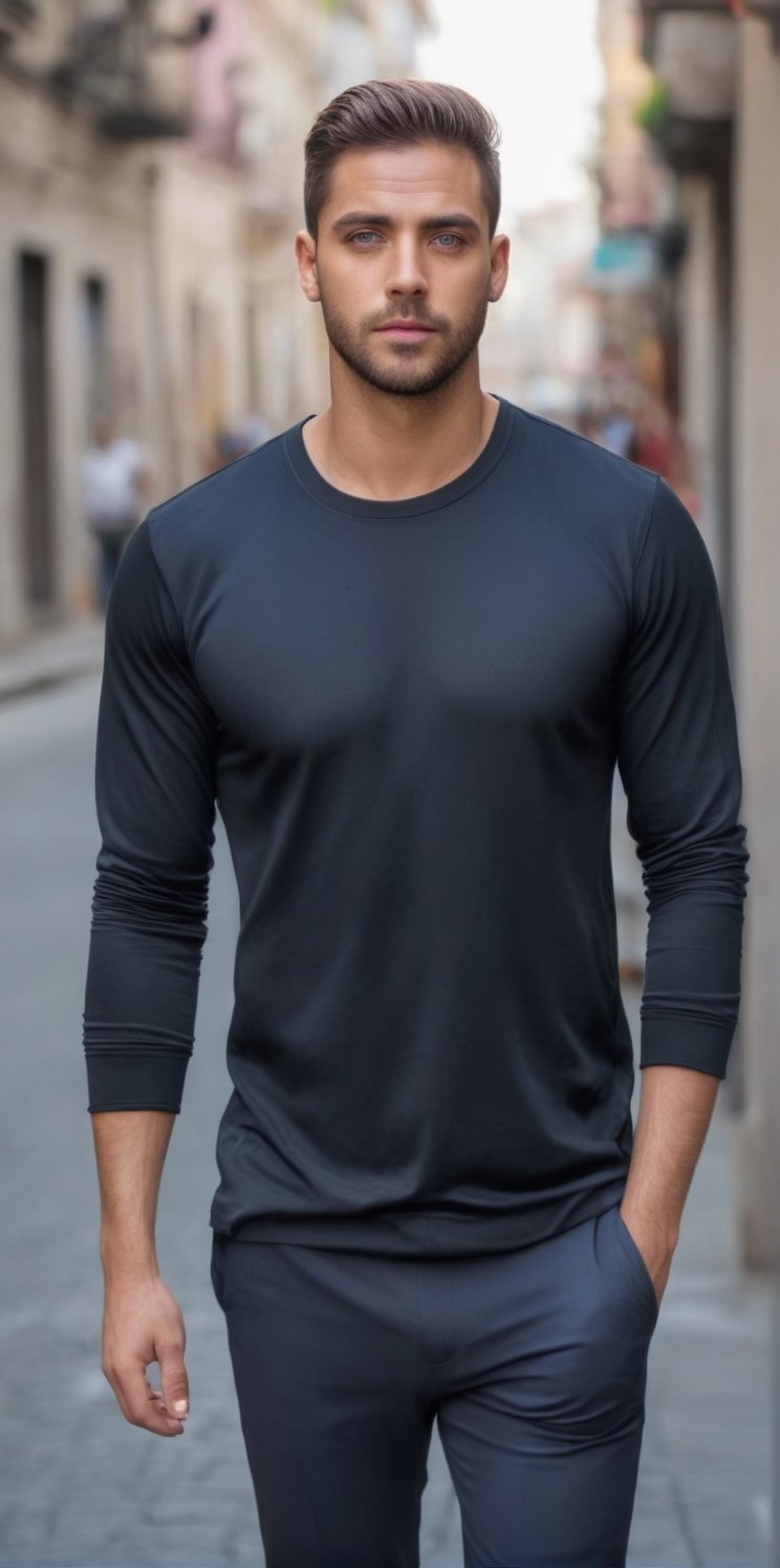 Imagine the following scene. On a busy street,  outdoors. At daytime. A very busy street. A beautiful man walks. full body...