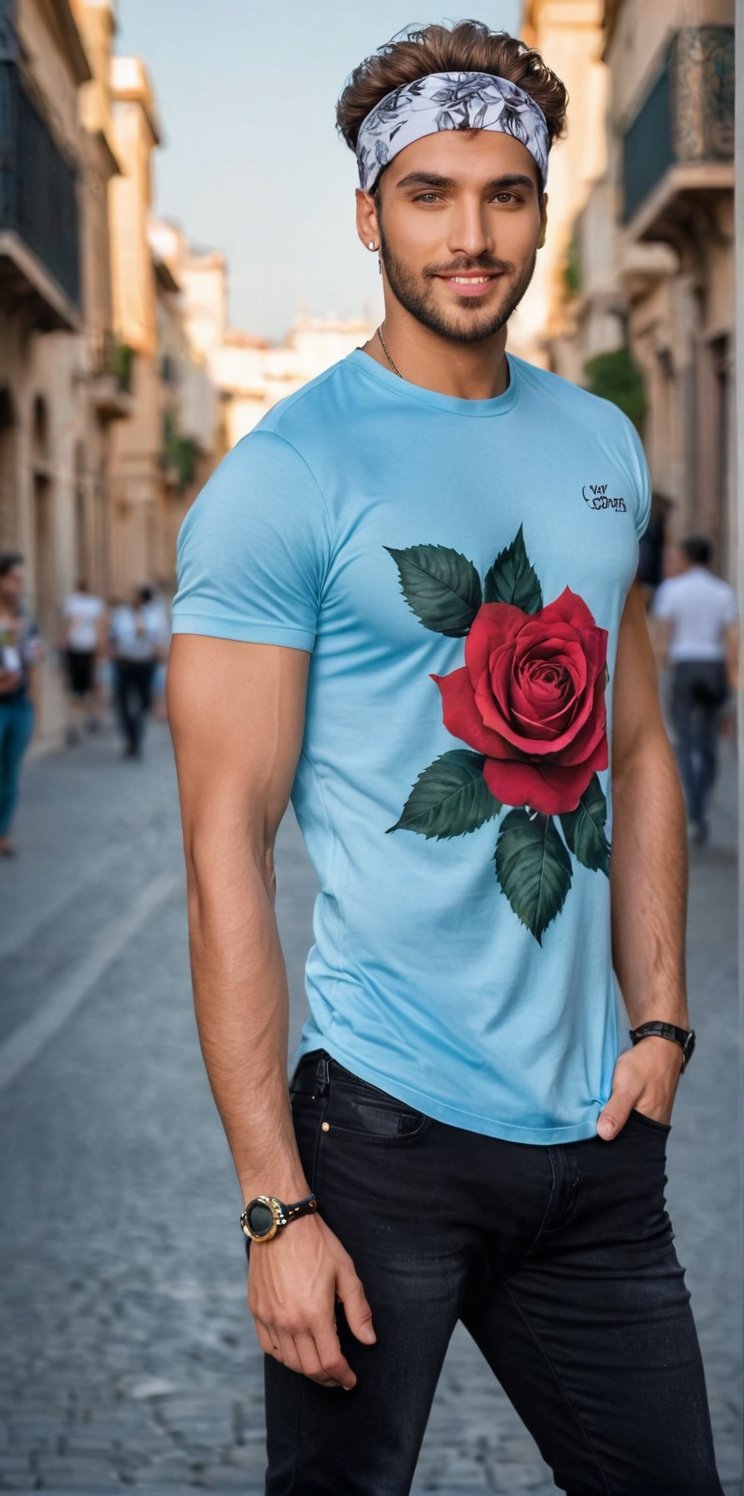 Imagine the following scene. Outdoors on an afternoon,  at dusk. In a very busy square. A handsome man poses to the camera...