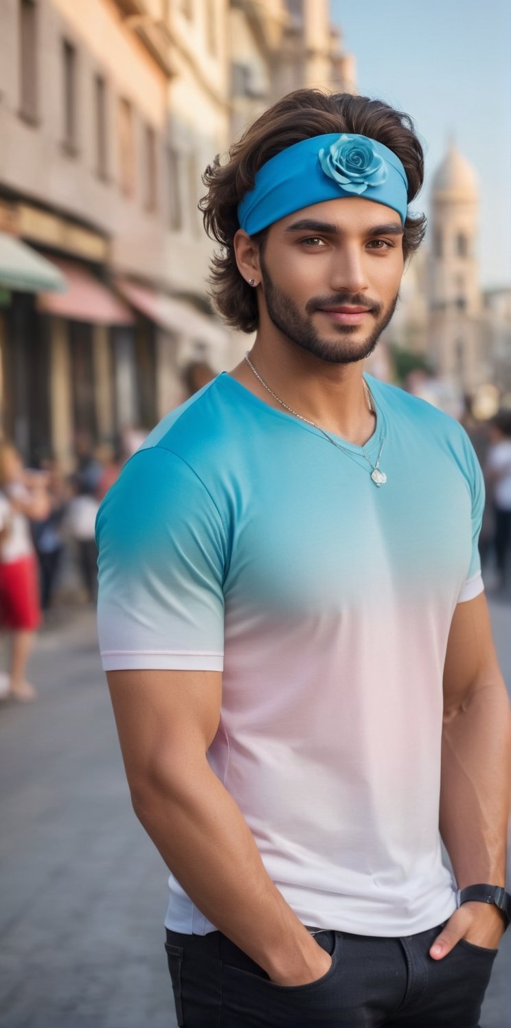 Imagine the following scene. Outdoors on an afternoon,  at dusk. In a very busy square. A handsome man poses to the camera...