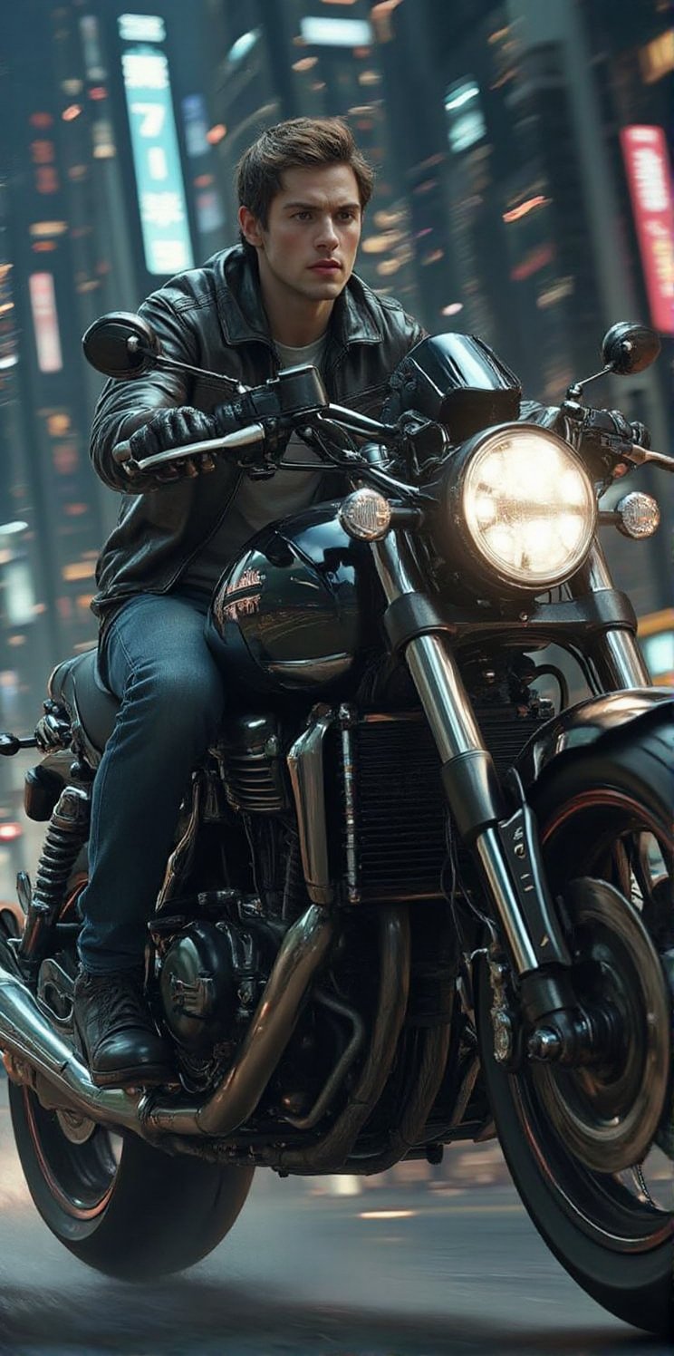 Imagine the following scene: Imagine a beautiful professional photograph of a beautiful man., a beautiful man riding a big motorcycle from the future. close up shot. The motorcycle is futuristic, it is very large, with many details, the motorcycle flies, it is black with neon lights between its gears. The man is Spanish, 20 years old, muscular, with light brown hair and very light honey-colored eyes. Long eyelashes. Provocative lips. The man is wearing jeans and a leather jacket. The man drives the big flying motorcycle through a city, he is flying. The very futuristic city with many very tall buildings. It's night, many lights in the buildings. The image is zoomed out to be able to notice the man and the details of the city of the future.