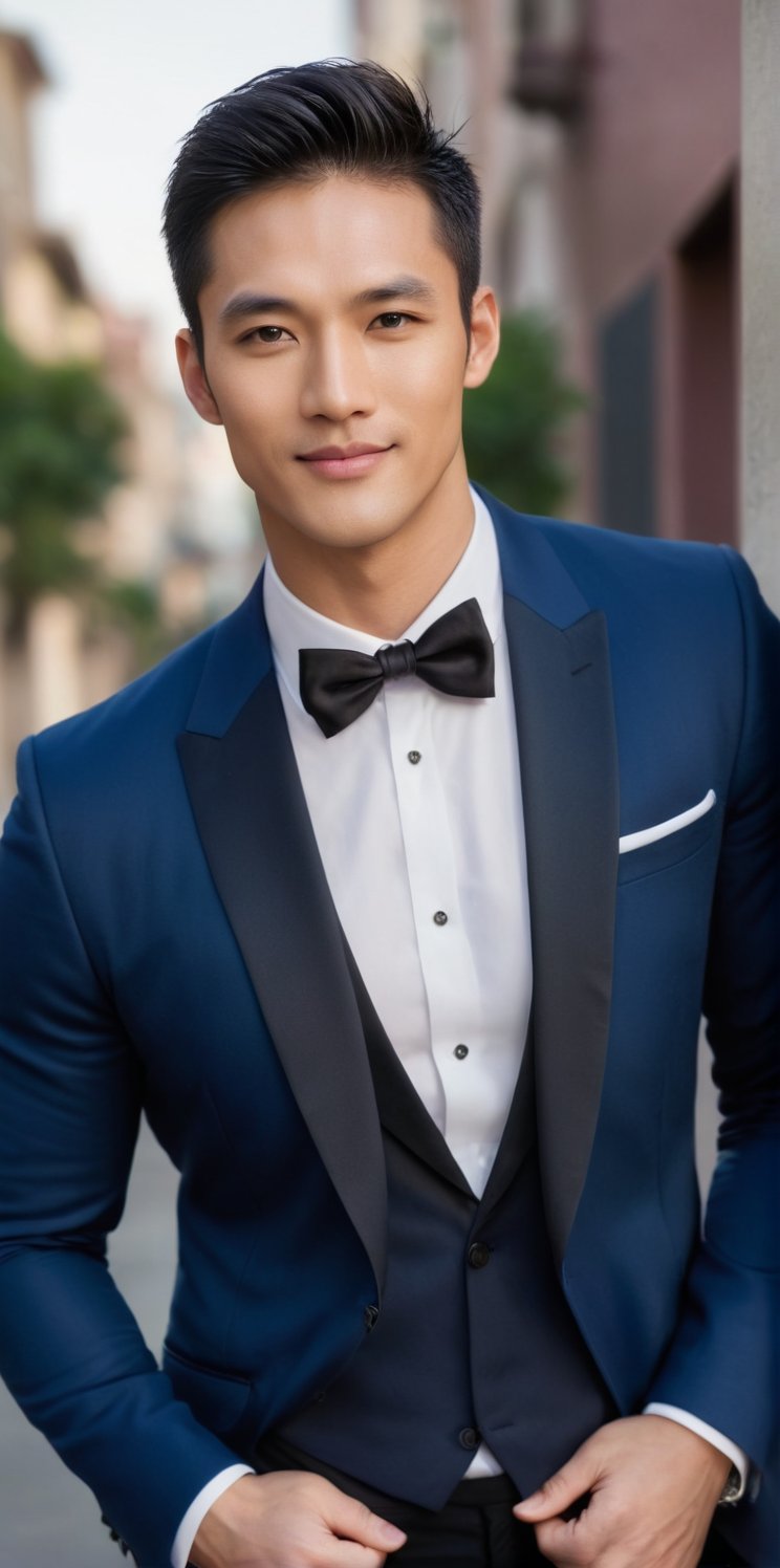 Imagine the following scene.

A beautiful man. Full body shot.

Outdoor. Blurred background.

He's wearing a navy blue tuxedo jacket, showing off his beefy chest, with no shirt. Dark blue pants.

The man is from Asia, 30yo, muscular, big bright eyes. short white hair, full pink lips, masculine.

He is walking down the street with confidence, he smiles discreetly, he has a captivating look.

(photorealistic), masterpiece: 1.5, beautiful lighting, best quality, beautiful lighting, realistic and natural image, intricate details, everything in focus, perfect focus, photography, masterpiece. small nuances, supreme resolution, 32K, ultra-sharp, superior quality details, realistic and complex, perfect proportions, perfect hands, 