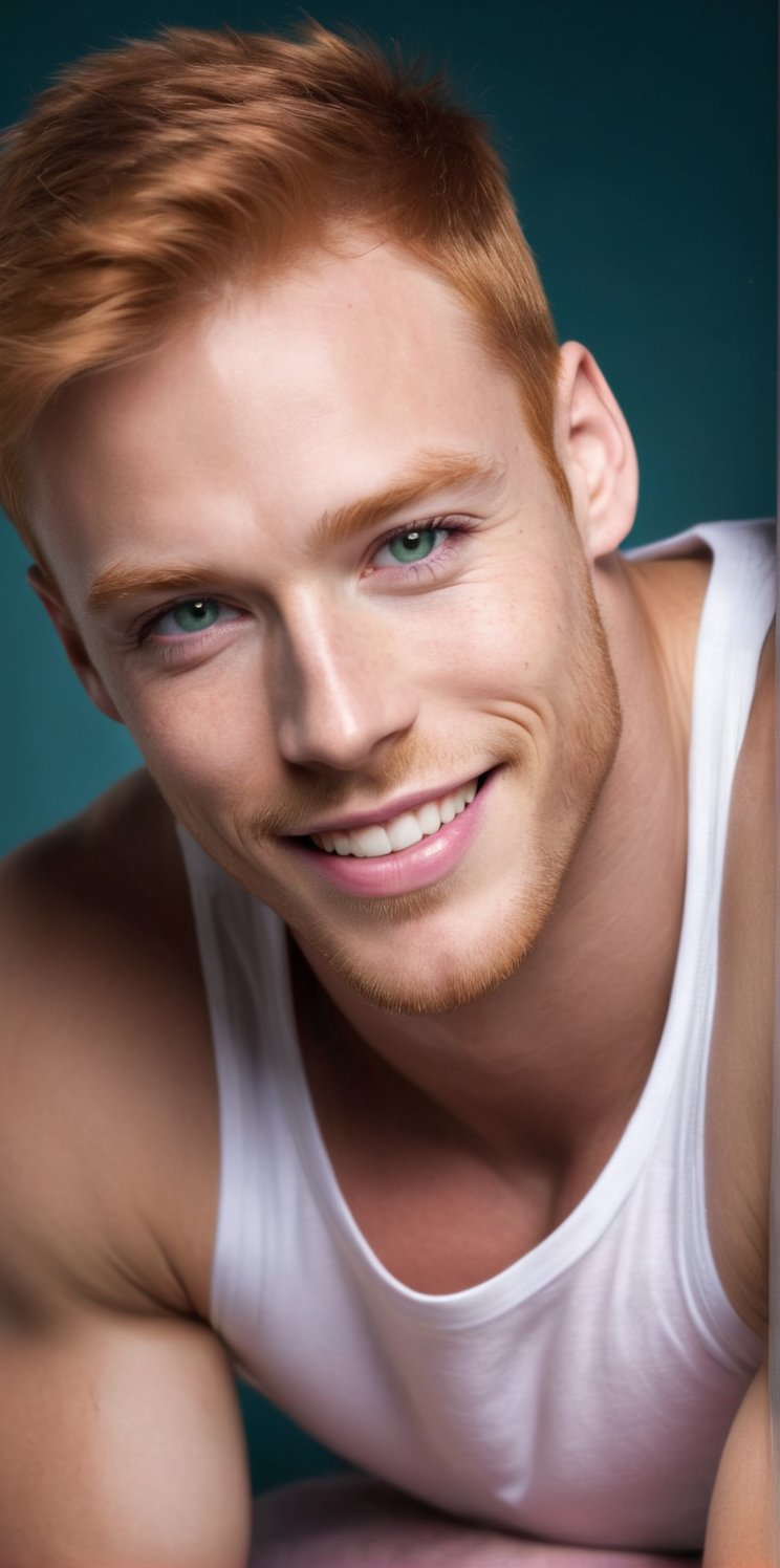 Imagine the following scene. Realistic photography of a beautiful man. Half body shot. Posing to the camera. he is a professional model. Smile. He wears a white sleeveless t-shirt. The man is African American, pale skin, ginger hair, straight hair. short, gelled hair, aqua green eyes, clear and bright eyes, full and pink lips, blush. Long eyelashes, bangs on the forehead. ((Many freckles on the face)) Instagram photography. Blurred black background. (photorealistic), masterpiece: 1.5, beautiful lighting, best quality, beautiful lighting, realistic and natural image, intricate details, everything in focus, perfect focus, photography, masterpiece. , small nuances, supreme resolution, 32K, ultra-sharp, superior quality details, realistic and complex, perfect proportions, perfect hands, perfect feet.