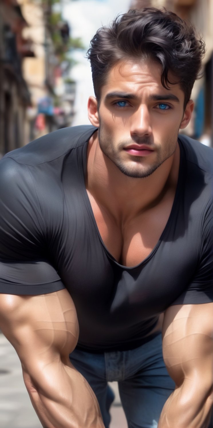 Imagine the following scene. On a busy street,  outdoors. At daytime. A very busy street. A beautiful man walks The man is...