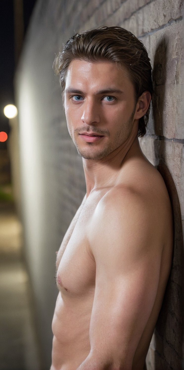 Imagine the following scene. A wall on an urban street,  at night,  very dark. Leaning against the wall is a beautiful man...