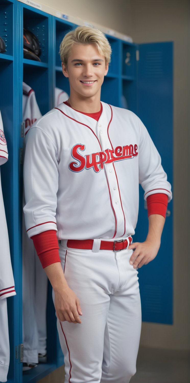 Imagine the following scene. Full body photograph of a beautiful man. (locker room) white baseball uniform,  open red jack...