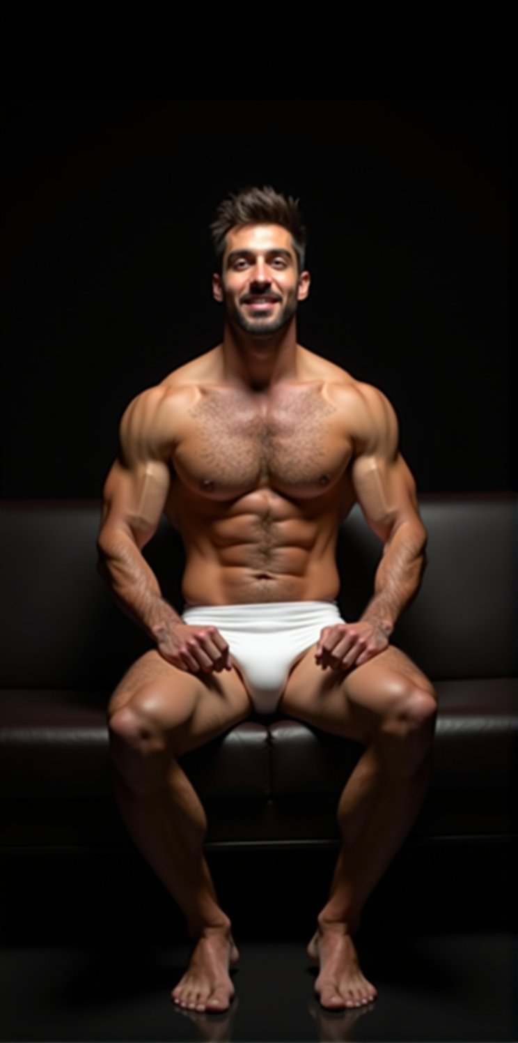 Imagine the following scene: Hyperrealistic photography of a beautiful man. Full body shot. The man is sitting on a bench...