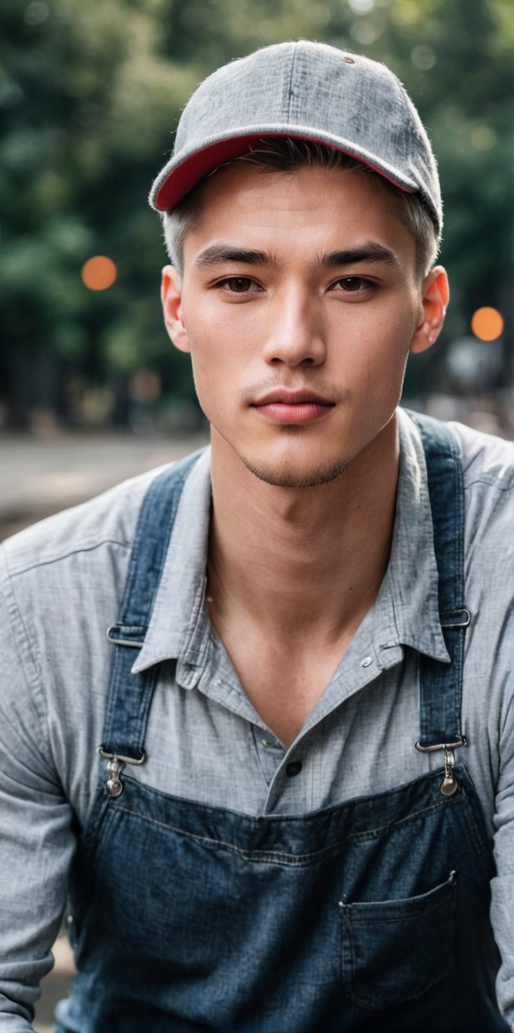 Imagine the following scene:

Realistic photo of handsome man outdoors, blurred background. 

The man wears a flannel and light gray sports overalls. (Wear a half-sided cap).

The man is from China. 20 years old, muscular. Short hair, soft skin. full and red lips, blush. blond. 

Dynamic pose, smile at the camera.

Full body shot. The shot is wide to capture the details of the scene.

High realism aesthetic photo, RAW photo, 16K, real photo, best quality, high resolution, masterpiece, HD, perfect proportions, perfect hands