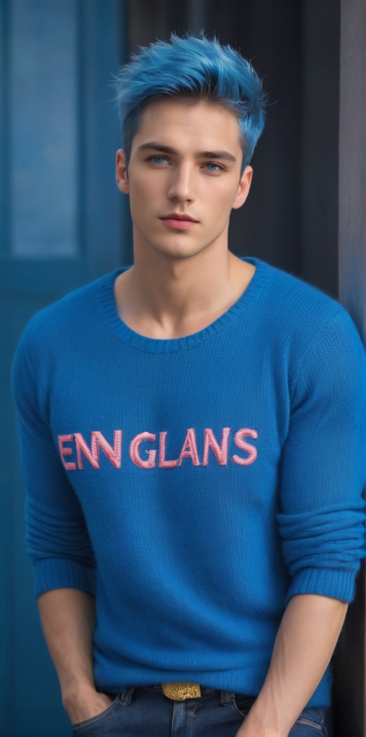 
Imagine the following scene: 

A beautiful man. Half body shot.  

The man is standing, posing in front of the camera. Model posture. 

The man wears jeans, embroidered neon red sweater. Very thick wool sweater.

The man is from England. 20 years old, man, muscles, very light and large blue eyes, short hair, full and pink lips. neon blue hair. 

(photorealistic), masterpiece: 1.5, beautiful lighting, best quality, beautiful lighting, realistic and natural image, intricate details, everything in focus, perfect focus, photography, masterpiece. small nuances, supreme resolution, 32K, ultra-sharp, superior quality details, realistic and complex, perfect proportions, perfect hands, perfect feet.