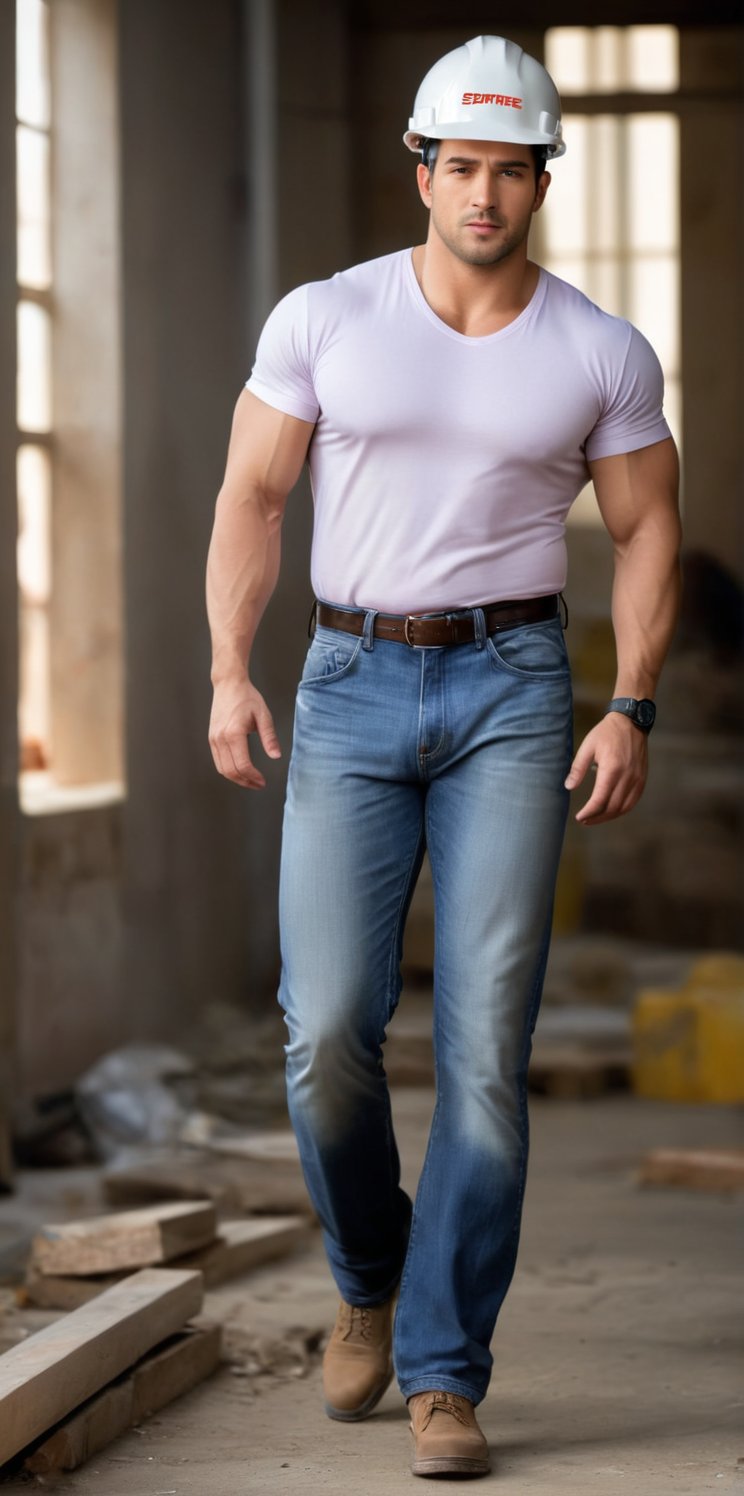 Imagine the following scene:

Realistic photograph of a man. Full body shot.

The man is a construction worker.

He wears a construction helmet, jeans, open white shirt, showing his beefy chest.

The man is from Panama, 30yo, masculine, brown eyes, muscular. Big, bright eyes, full, pink lips.

He walks through the work, with a plan in his hands. Look at the plan.

(photorealistic), masterpiece: 1.5, beautiful lighting, best quality, beautiful lighting, realistic and natural image, intricate details, everything in focus, perfect focus, photography, masterpiece. small nuances, supreme resolution, 32K, ultra-sharp, superior quality details, realistic and complex, perfect proportions, perfect hands, perfect feet.