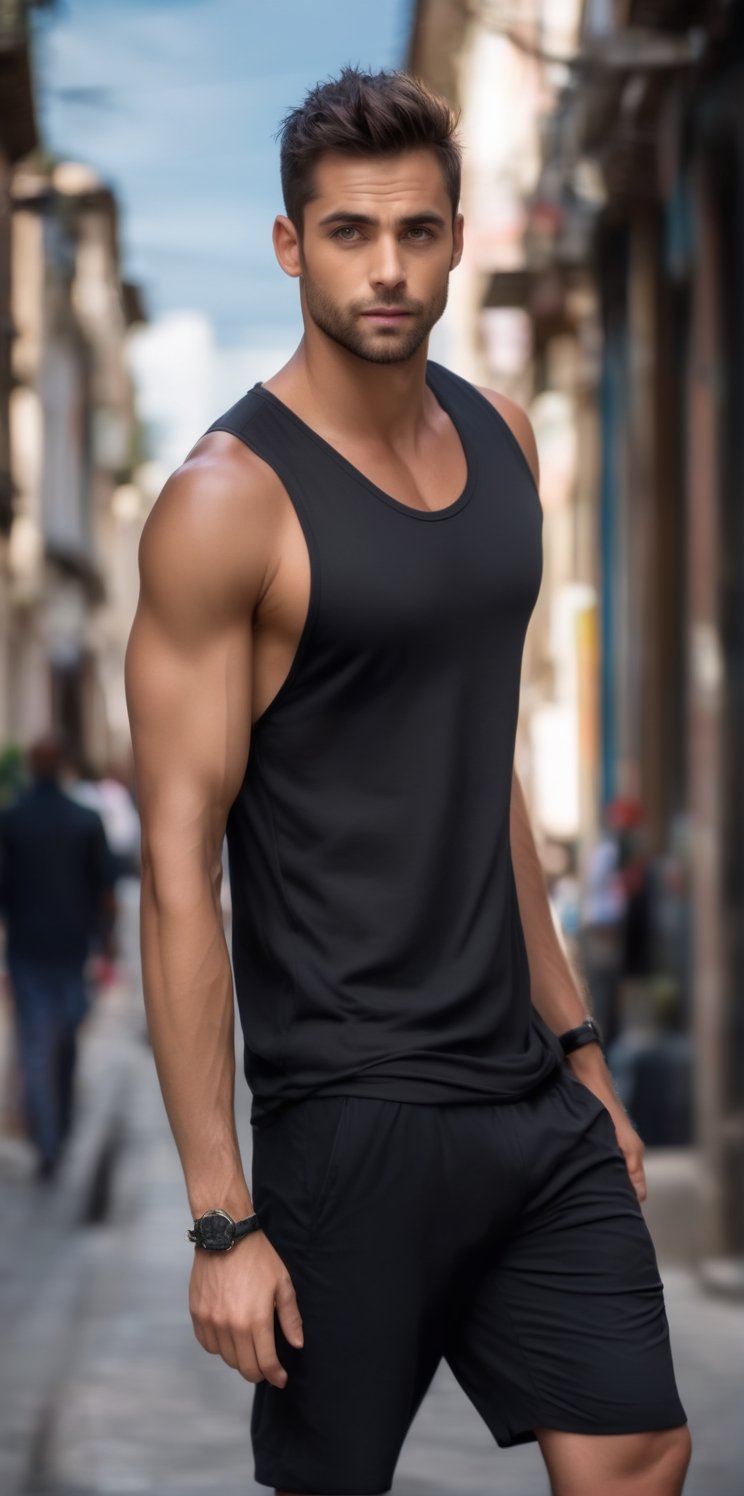Imagine the following scene. On a busy street,  outdoors. At daytime. A very busy street. A beautiful man walks. full body...
