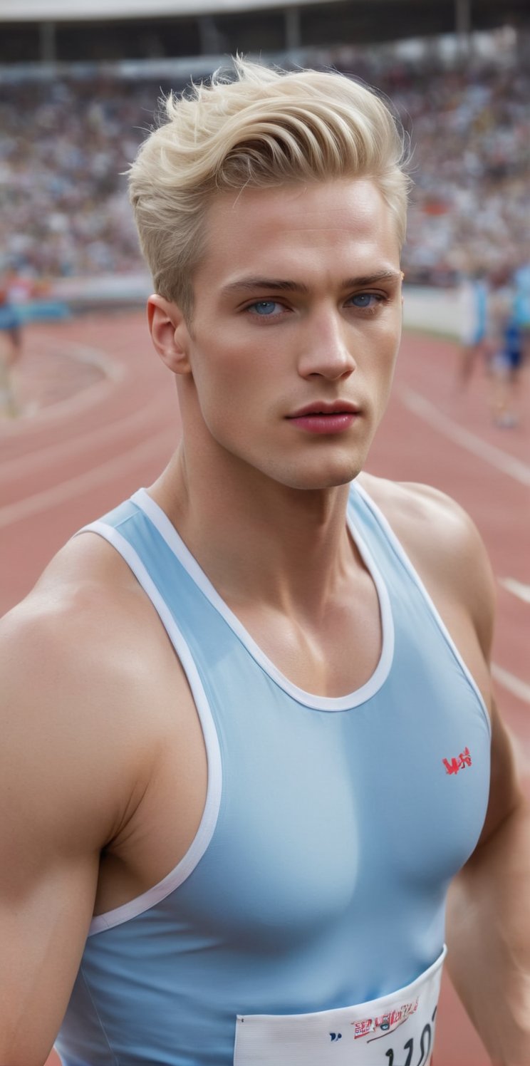 Imagine the following scene: Hyperrealistic photograph of a beautiful man. Running on an Olympic race track. The man runs...