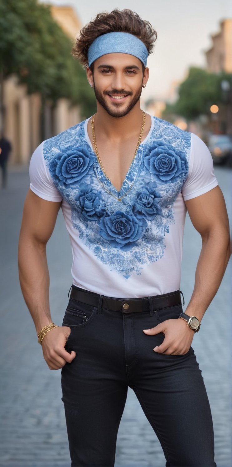 Imagine the following scene. Outdoors on an afternoon,  at dusk. In a very busy square. A handsome man poses to the camera...