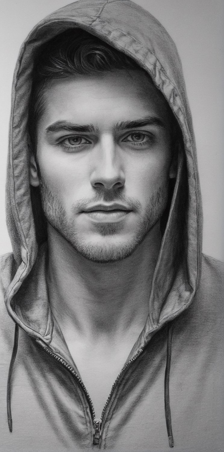 A beautiful man drawn in pencil,  Wearing a hooded jacket. Pencil. ,  pencil sketch by aramismcy on Tensor.Art