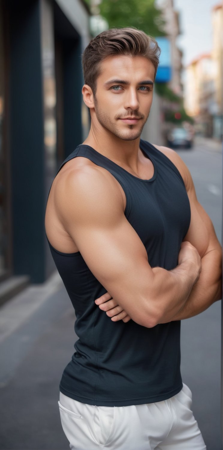 Imagine the following scene: Realistic photo of a beautiful man. black tank top,  white sports pants,  white sports shoes....