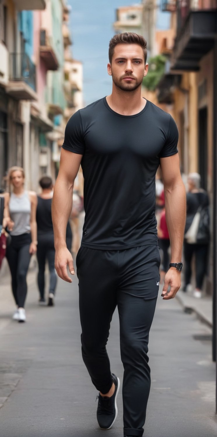 Imagine the following scene. On a busy street,  outdoors. At daytime. A very busy street. A beautiful man walks. full body...