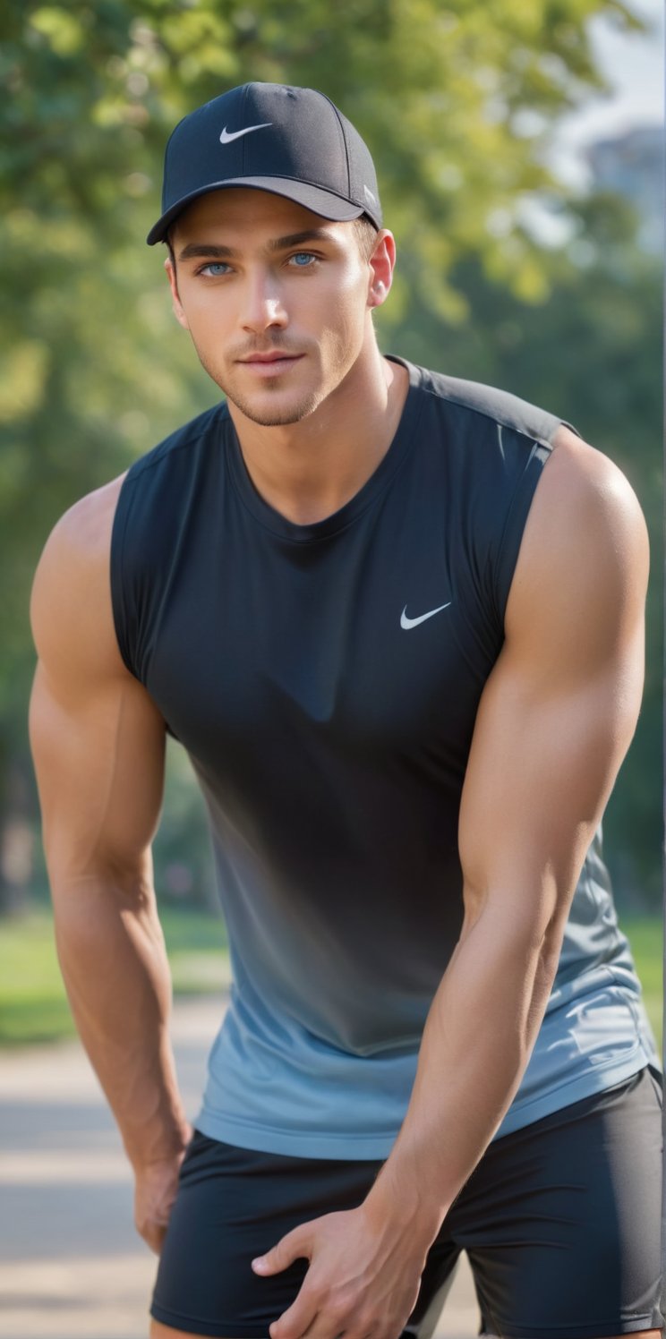 Imagine the following scene: a beautiful man. full body shot. He is in a park doing exercises. She is sporty. The scene is...