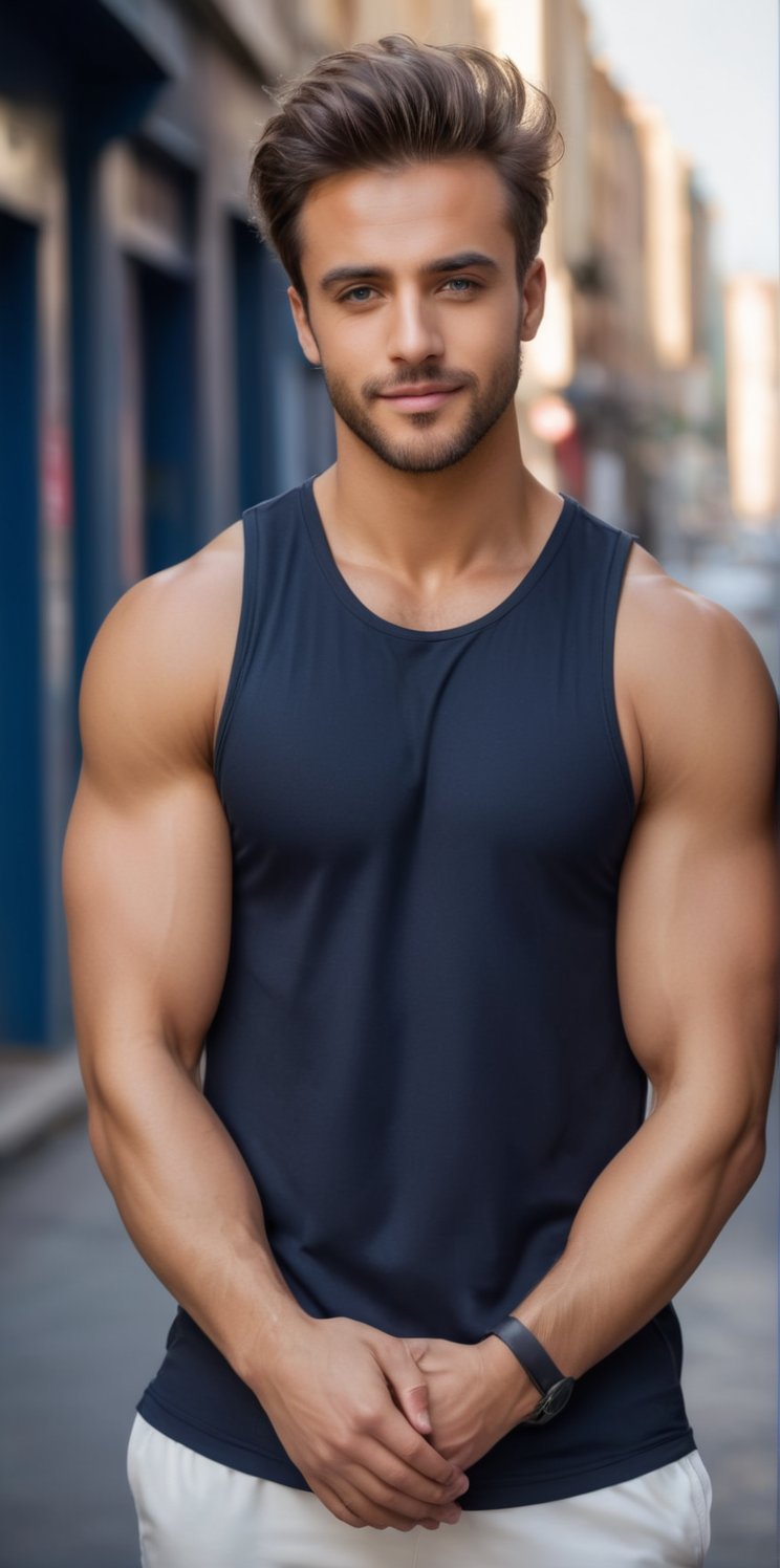 Imagine the following scene: Realistic photo of a beautiful man. black tank top,  white sports pants,  white sports shoes....