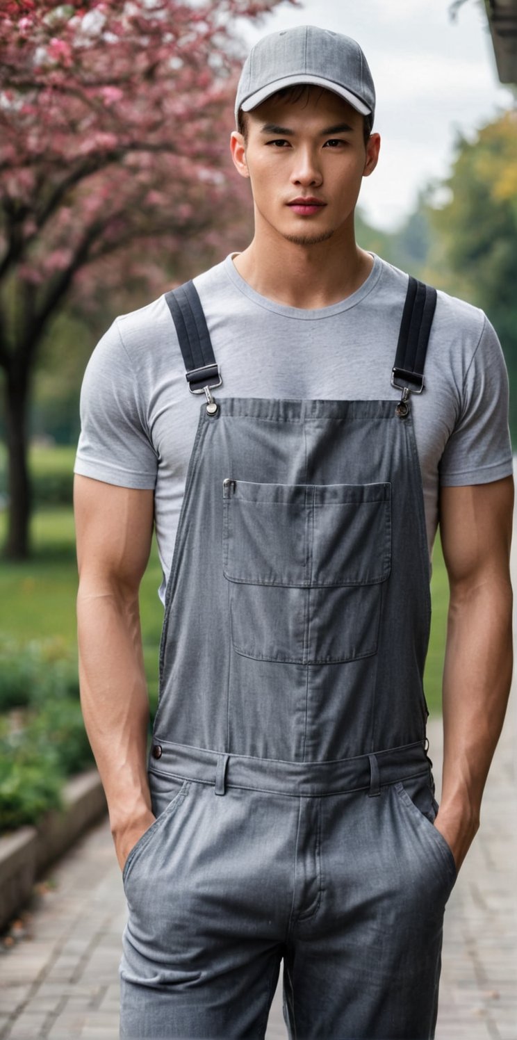 Imagine the following scene:

Realistic photo of handsome man outdoors, blurred background. 

The man wears a flannel and light gray sports overalls. Wears cap turned upside down, cap backwards. (The visor of the cap goes back.)

The man is from China. 20 years old, muscular. Short hair, soft skin. full and red lips, blush. blond. 

Dynamic pose, smile at the camera.

Full body shot. The shot is wide to capture the details of the scene.

High realism aesthetic photo, RAW photo, 16K, real photo, best quality, high resolution, masterpiece, HD, perfect proportions, perfect hands