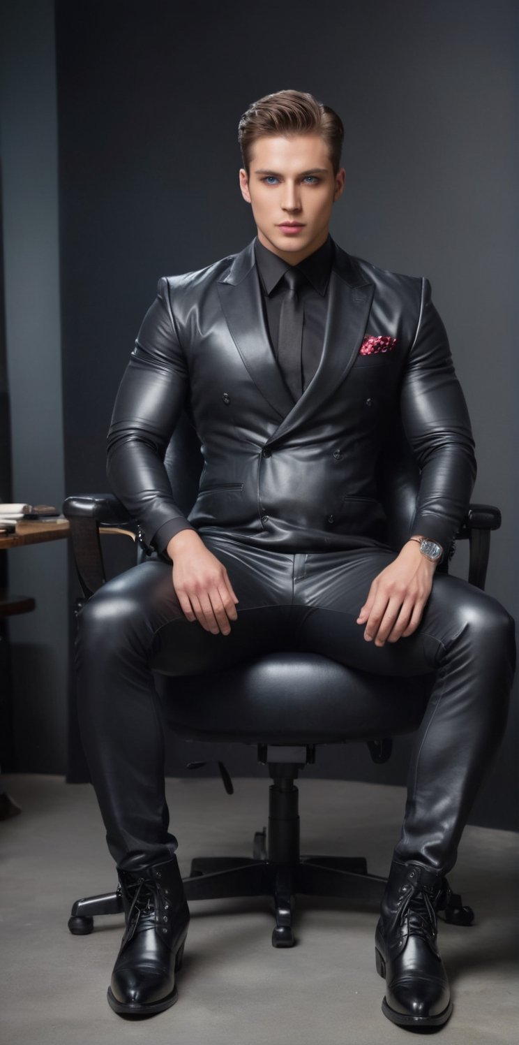 Imagine the following scene: Realistic photo of a handsome man sitting in an executive chair in a very dark room. He is si...